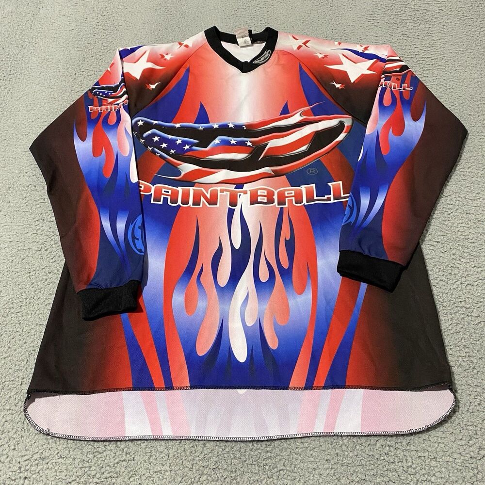 Vintage JT Paintball Jersey Mens Medium Red White Blue Flag Flames Y2K USA Made